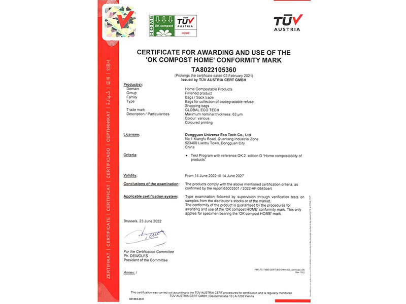 CERTIFICATE FOR AWARDING AND USE OF THE'OK COMPOST HOME' CONFORMITY MARK